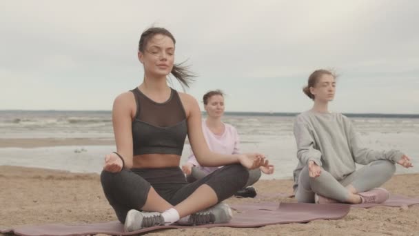 Langzame Opname Van Groep Jonge Blanke Vrouwen Zittend Lotus Poseren — Stockvideo