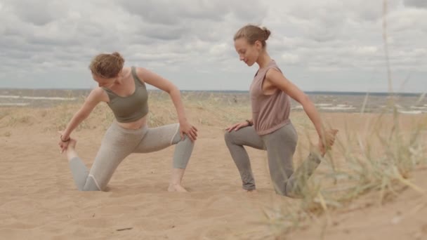 Langzaam Shot Van Gelukkige Vrouwelijke Vrienden Zittend Zand Voor Elkaar — Stockvideo