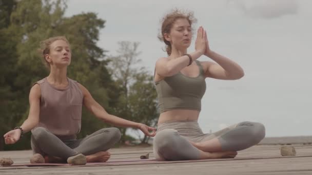 Slowmo Shot Due Giovani Migliori Amiche Che Praticano Yoga Insieme — Video Stock