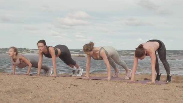 Langsame Aufnahme Von Vier Jungen Gesunden Frauen Sportbekleidung Die Einem — Stockvideo