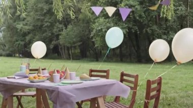 Masa örtüsü, tabaklar, kağıt bardaklar ve meyvelerle süslenmiş sade bir masa. Parkta duruyor, etrafında sandalyeler bağlı hava balonları var.