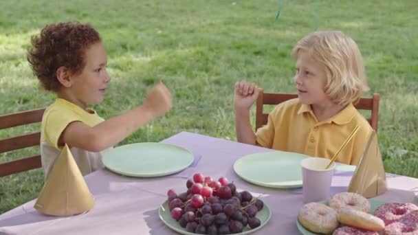 High Angle Blond Curly Haired Boys Sitting Festive Table Sunny — Stock Video