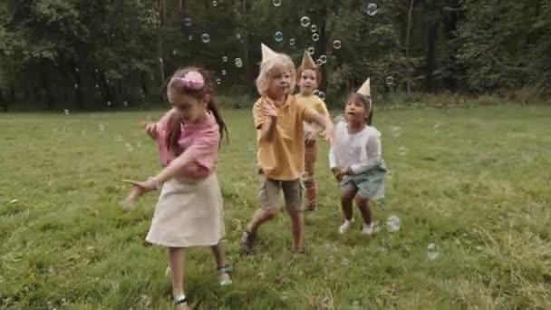 パーティー用の帽子をかぶった4人の多様な5歳の子供が笑顔で シャボン玉を追いかけ 芝生の夏の公園でそれらをキャッチします — ストック動画