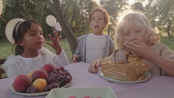 Mutlu Beş Yaşındakilerin Park Masasında Oturup Elleriyle Doğum Günü Pastası — Stok video