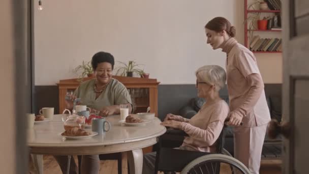 Slowmo Πλάνο Της Ομάδας Των Ηλικιωμένων Κυρίες Κάθονται Γύρω Από — Αρχείο Βίντεο