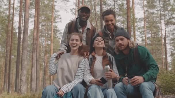 Retrato Slow Baixo Ângulo Cinco Jovens Amigos Multi Étnicos Alegres — Vídeo de Stock