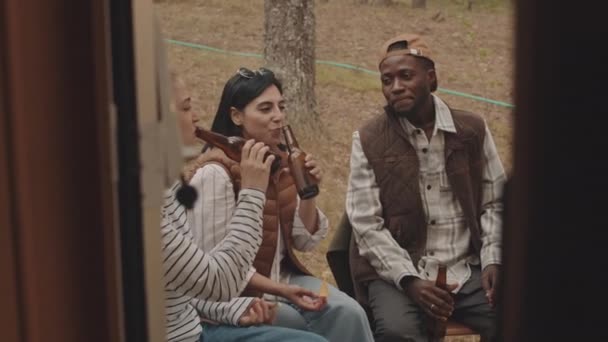 两名年轻貌美的女士和她们的非洲裔美国男性朋友在森林里的户外派对上欢欢欢喜喜地烘焙啤酒瓶 — 图库视频影像