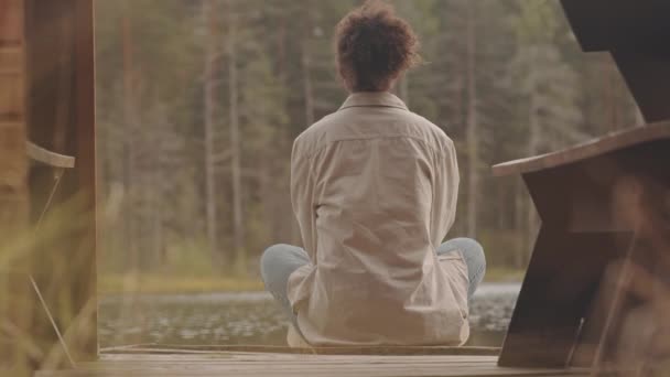 湖だけで自然を楽しむ木製の桟橋に座っている若い混合レースの女性のゆっくりとしたリアビューの刺しショット — ストック動画