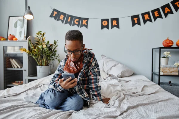 African American Boy Indoors on Halloween — Stock Photo, Image