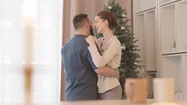 Medium Young Blue Eyed Caucasian Couple Wearing Loungewear Dancing Living — Stock Video