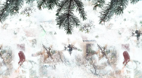 Talvi Kuvio Lumihiutaleita Ikkunassa Joulukoristeet Lähikuva Luova Kopiotila — kuvapankkivalokuva