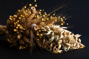 Kurutulmuş çiçeklerden ve koyu arkaplanda kuru tahıllardan oluşan yaratıcı bir düzen. Doğanın biyofilik tasarımı ya da şifa veren renkleri. Yakın plan, kopyalama alanı