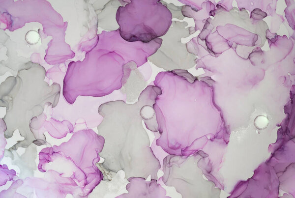 Abstract texture alcohol inks, color transitions from gray to purple. Decorative marble backdrop.Trendy color 2021. Creative copy space. Close-up