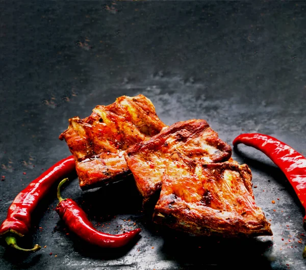 Spicy hot grilled spare ribs from BBQ served with hot chili pepper on vintage rusty metal background.Close-up