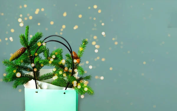 Κλαδί Κώνους Πράσινη Τσάντα Γκρι Φόντο Σχέδιο Αγορών Για Χριστούγεννα — Φωτογραφία Αρχείου