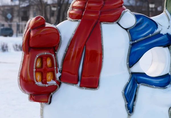 Chelyabinsk, Russia - January 04, 2021: Decorative figures of Snowmen in the ice town. New Year and Christmas background. Editorial.