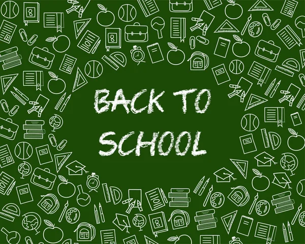 Back to school text drawing by colorful chalk on blackboard with school items and elements. Vector illustration
