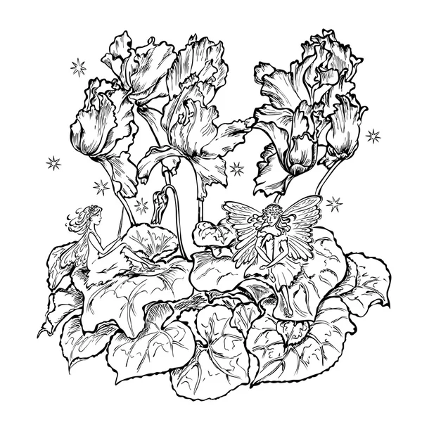 Duas fadas sentado flor folha ciclame — Vetor de Stock