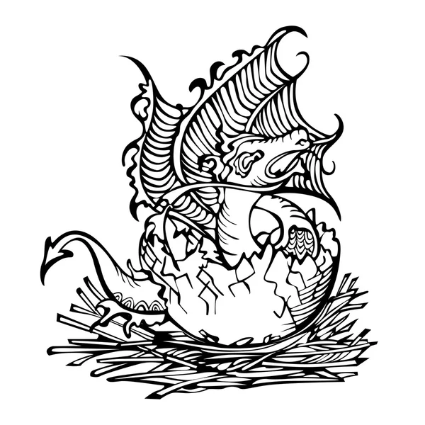 Bébé dragon éclos d'un oeuf dans le nid — Image vectorielle