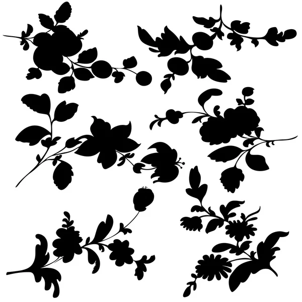 Set silhouette nero disegno pianta fiore — Vettoriale Stock