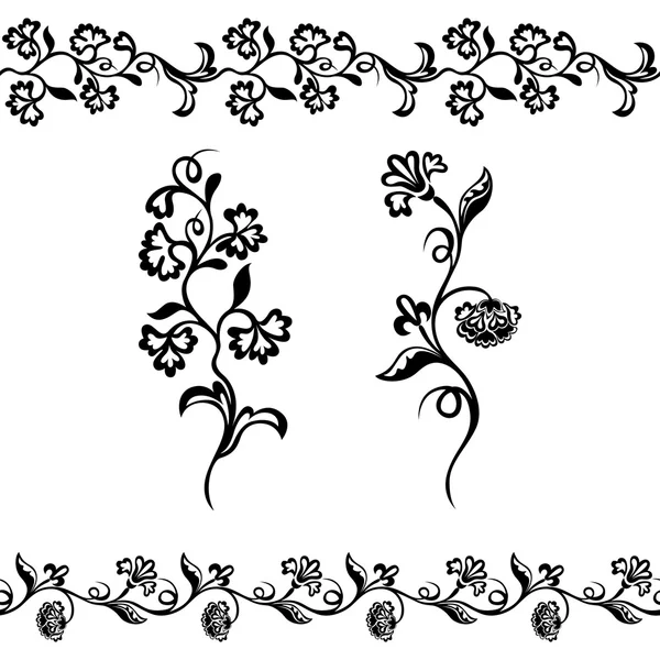 Patrón floral, adorno de silueta negro — Vector de stock