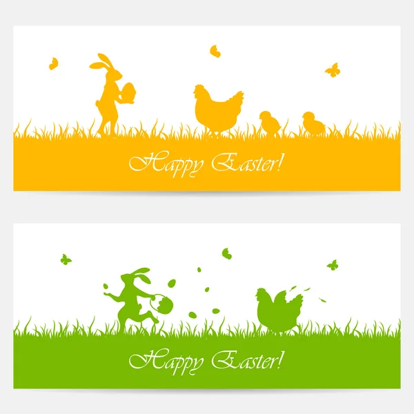 Bandiere con conigli pasquali e polli — Vettoriale Stock