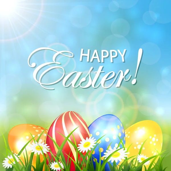 Fondo de primavera con huevos de Pascua de colores — Vector de stock