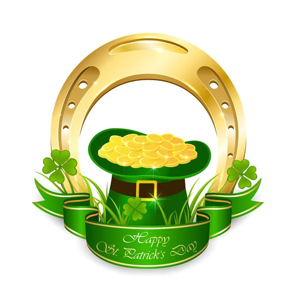 Gröna leprechaun hatt med mynt och guld-hästsko — Stock vektor