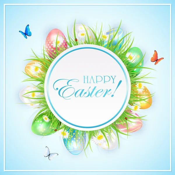 Bannière de Pâques avec des œufs colorés dans l'herbe et les papillons — Image vectorielle