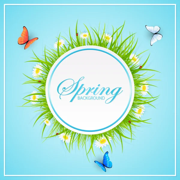 Wiosną niebieskim tle z trawy i motyle — Wektor stockowy