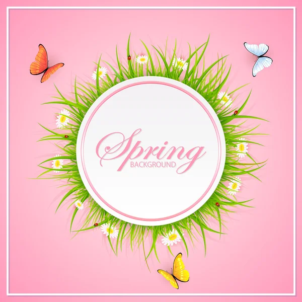 Jarní růžové pozadí s trávou a motýli — Stockový vektor