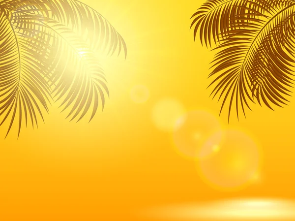 Palmbladeren en zon op oranje achtergrond — Stockvector