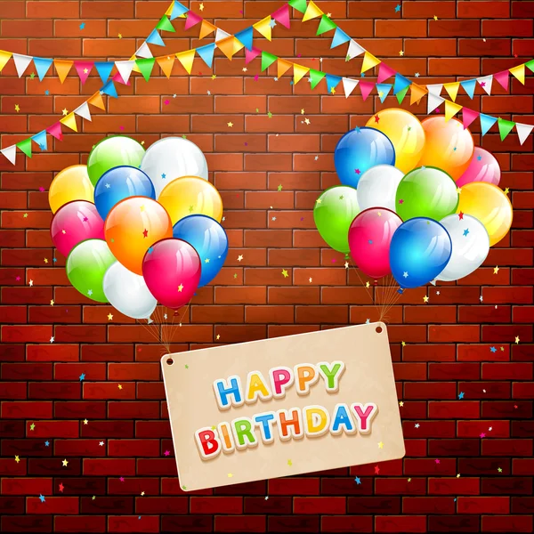 Tarjeta de cumpleaños y globos voladores sobre fondo de pared de ladrillo — Vector de stock