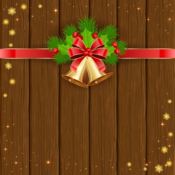クリスマスの鐘と弓の木製の背景 — ストックベクタ