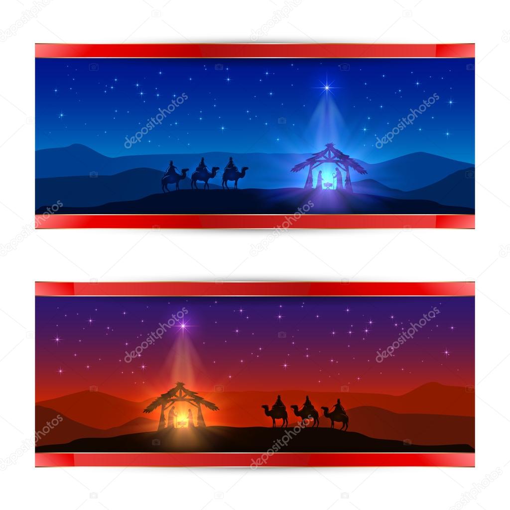 Christmas cards with star and birth of Jesus