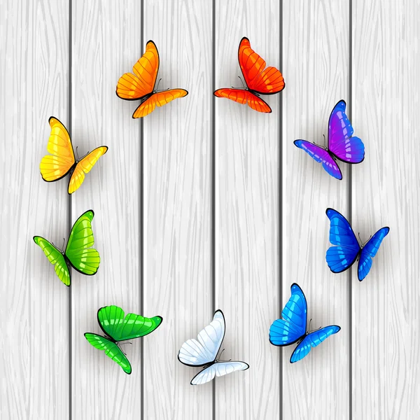 Butterflies on white wooden background — Stock Vector