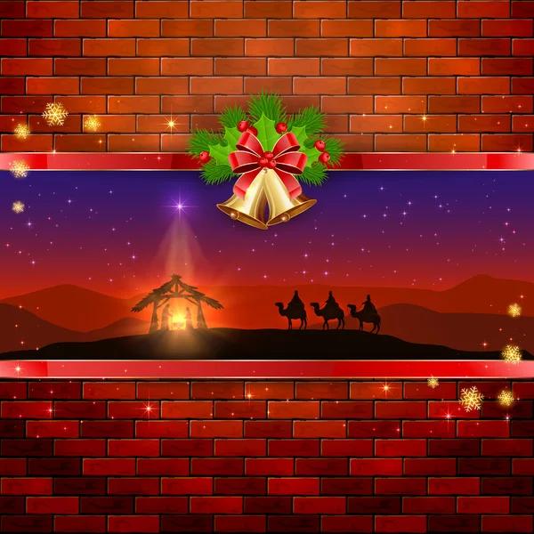 Christmas scene on brick wall background with bells and bow — Stock Vector