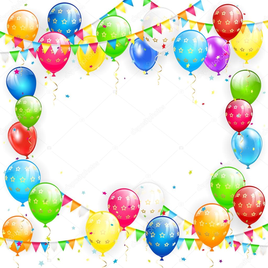 Multicolored balloons and confetti on white background