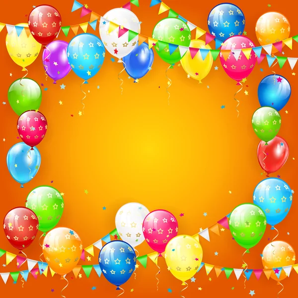 Globos multicolores y confeti sobre fondo naranja — Vector de stock