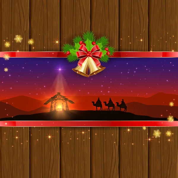 Scena di Natale su sfondo di legno con campane e fiocco — Vettoriale Stock