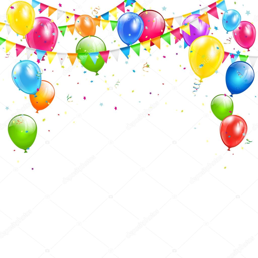 Colorful birthday balloons and pennants on white background