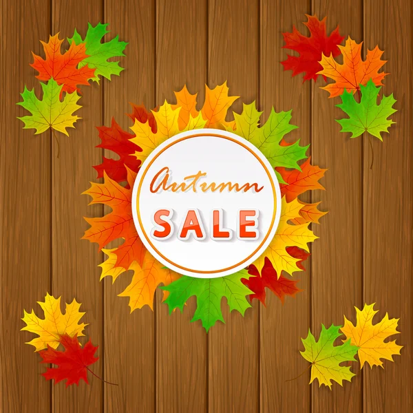 Autumn Sale and maple leaves on wooden background — Stock Vector