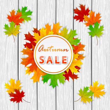 Beyaz ahşap zemin üzerinde sonbahar satış ve akçaağaç yaprakları