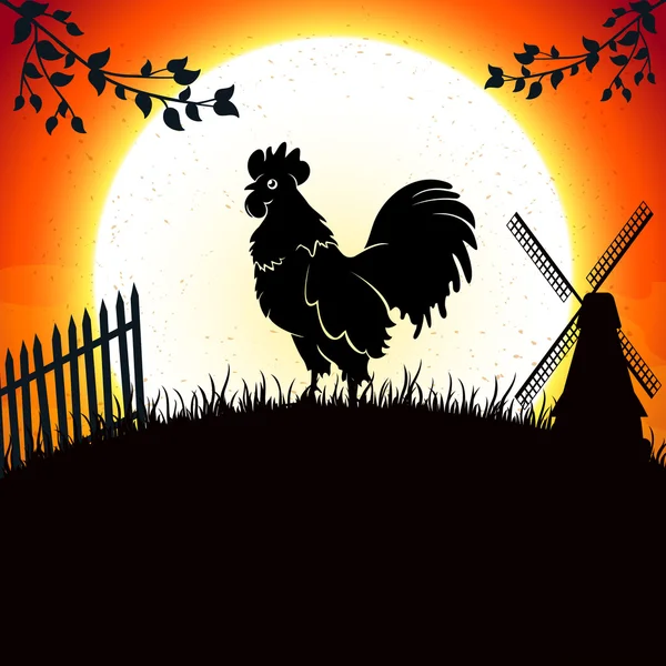 Rooster on background of morning sun — Stock Vector