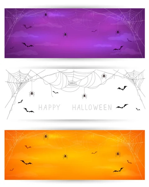 Conjunto Banners Halloween Com Aranhas Pretas Teias Aranha Morcegos Voadores — Vetor de Stock