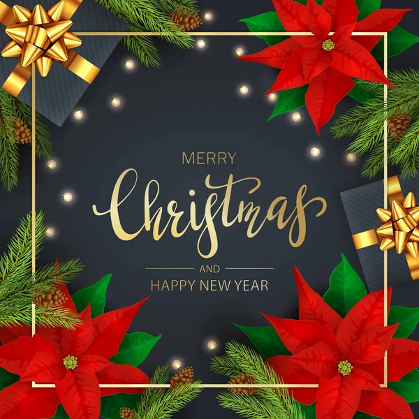 赤い点セット ギフトボックス クリスマスライト モミの木の枝 黒い背景の松のコーンで休日の装飾 イラストは 休日のデザイン カード 招待状 バナーに使用できます — ストックベクタ