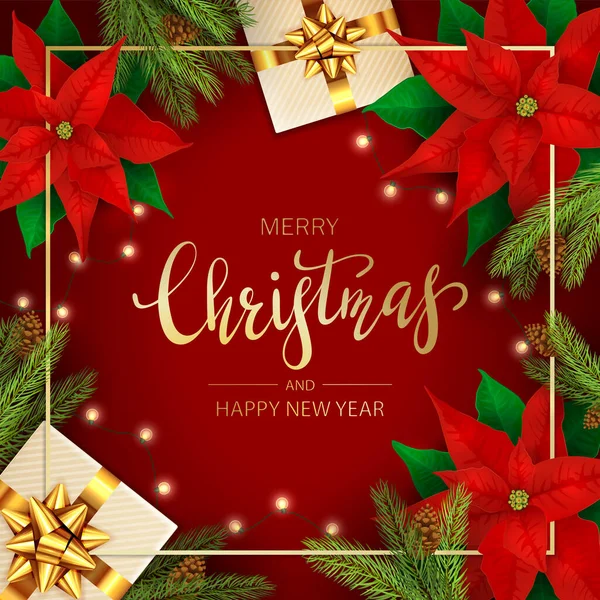 Décorations Vacances Avec Poinsettia Rouge Boîtes Cadeaux Lumières Noël Branches — Image vectorielle