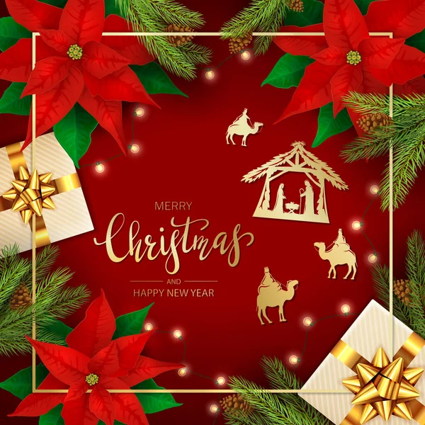 Праздничные Украшения Рождением Иисуса Красная Пуансеттия Подарочные Коробки Рождественские Огни — стоковый вектор