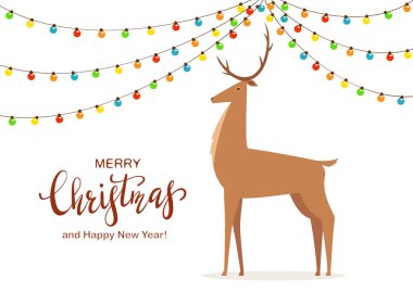 Geyik ve renkli Noel ışıkları. Mutlu Noeller ve beyaz arka planda izole edilmiş bir hayvan. İllüstrasyon tatil tasarımı, kart, çocuk kıyafetleri ya da tasarım, davetiye, pankart için kullanılabilir