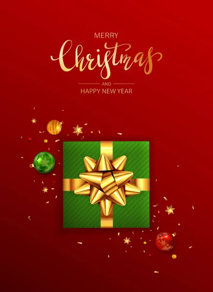 Cadeau Vert Vacances Avec Arc Doré Boules Noël Étoiles Brillantes — Image vectorielle